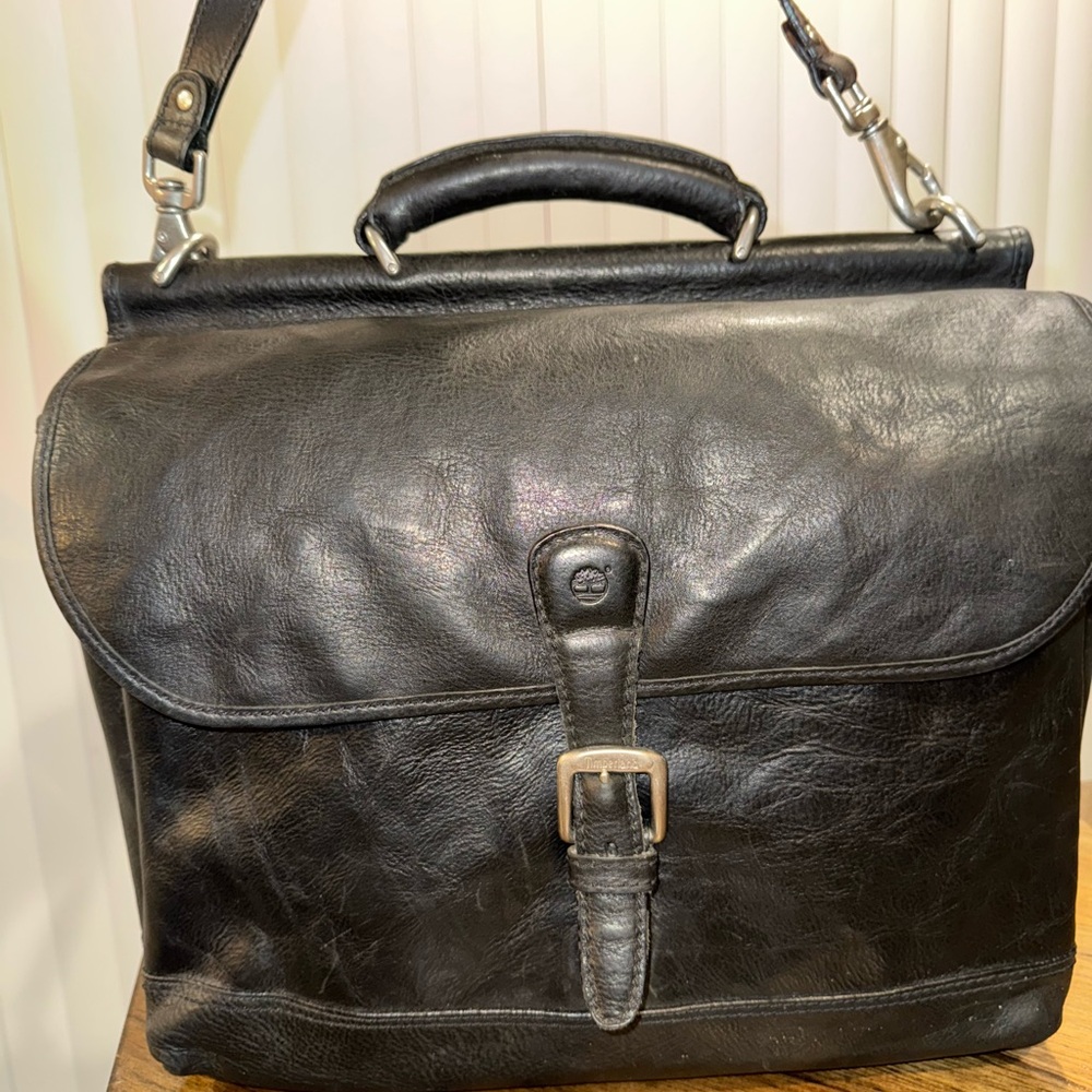 vintage TIMBERLAND Heavy Duty Black Saddle Leather Briefcase Messenger Bag USA